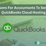 Laptop and financial documents on a desk with QuickBooks logo and title text “8 Reasons for Accountants to Switch to QuickBooks Cloud Hosting.”