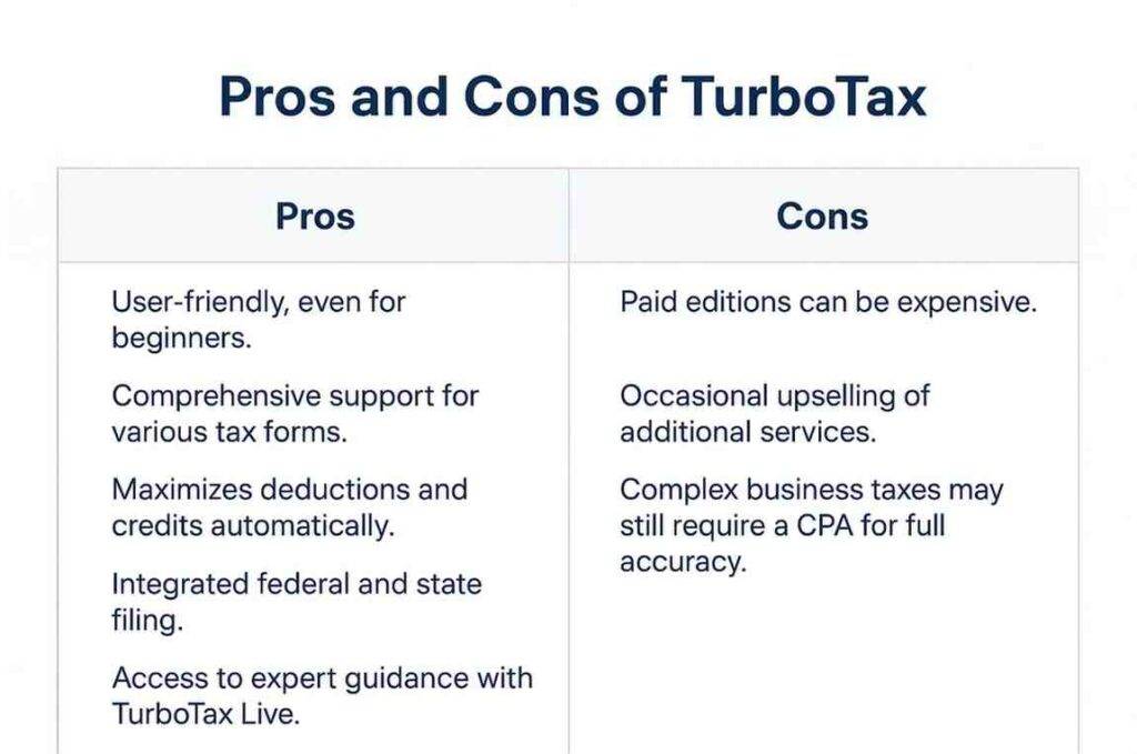 Comparison chart outlining the key advantages and disadvantages of TurboTax.