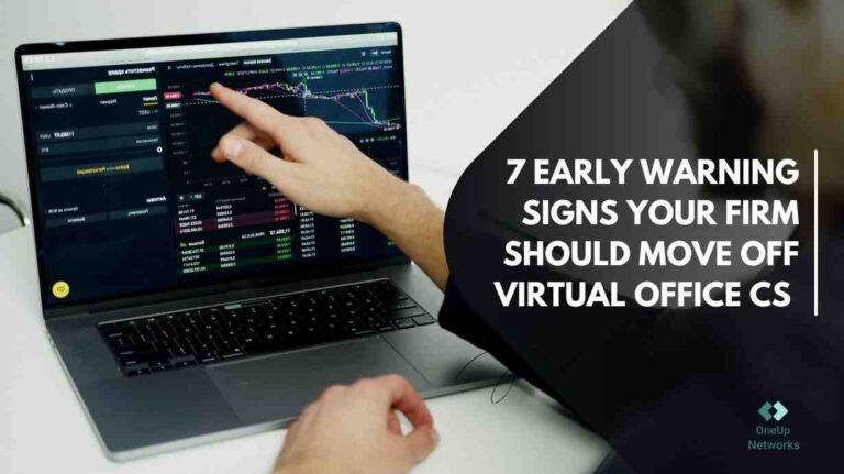 A person points at financial charts on a laptop screen displaying market data and graphs. Text on the image reads “7 Early Warning Signs Your Firm Should Move Off Virtual Office CS.”