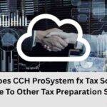 Two people shaking hands inside a cloud icon overlayed with financial graphs and data visualizations, with the text “How Does CCH ProSystem fx Tax Software Compare To Other Tax Preparation Software.”