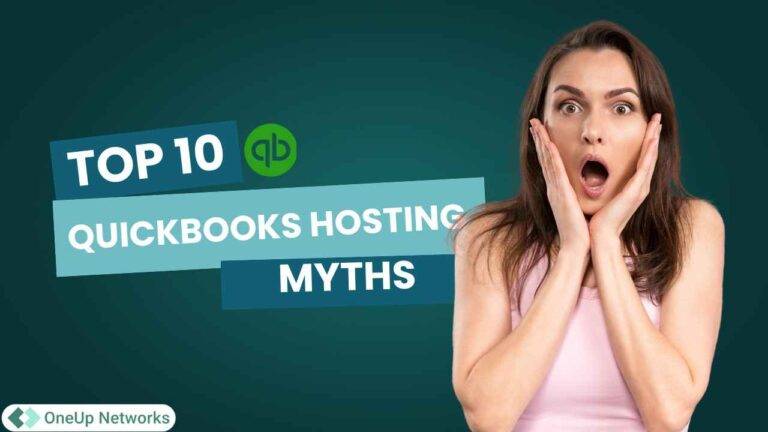 Banner featuring ‘Top 10 QuickBooks Hosting Myths’ with a surprised woman on a teal background.