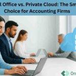 Four accounting professionals working on laptops in a modern office, representing the comparison between virtual office and private cloud hosting solutions.