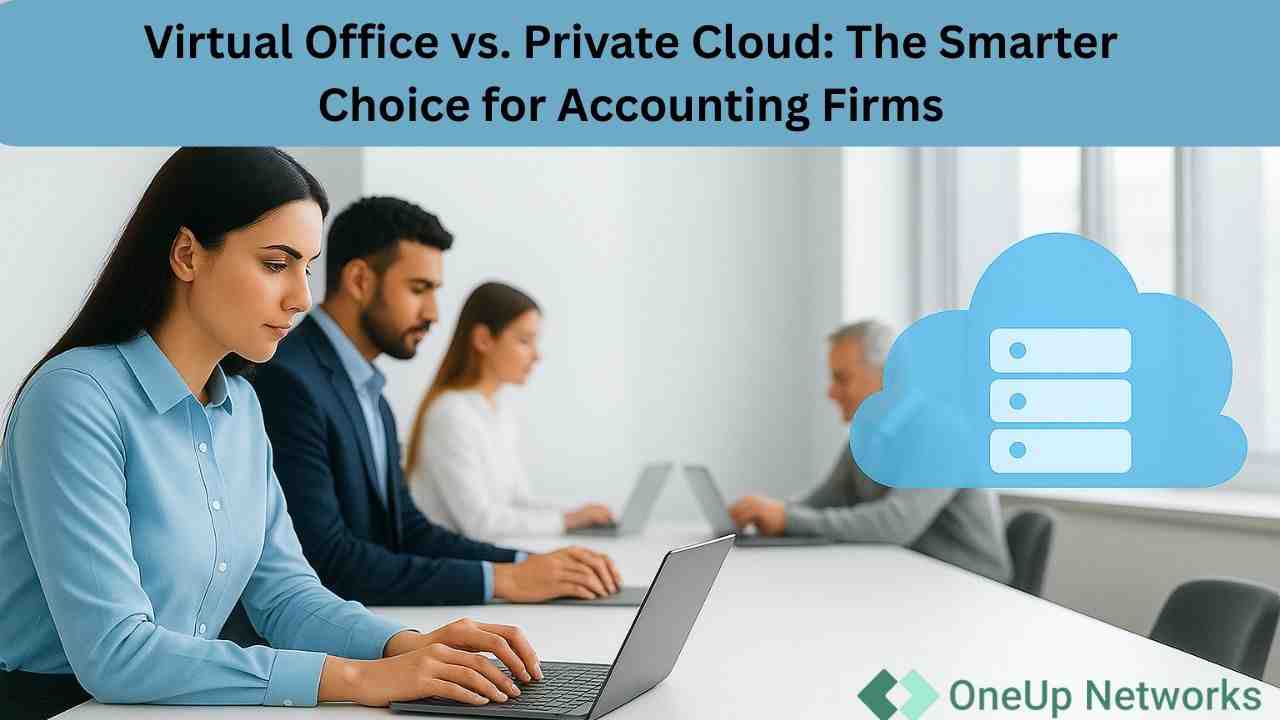 Four accounting professionals working on laptops in a modern office, representing the comparison between virtual office and private cloud hosting solutions.