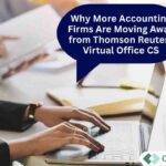 People working on laptops and taking notes in an office setting, with a speech bubble that says “Why More Accounting Firms Are Moving Away from Thomson Reuters Virtual Office CS.” The OneUp Networks logo appears in the bottom right corner.