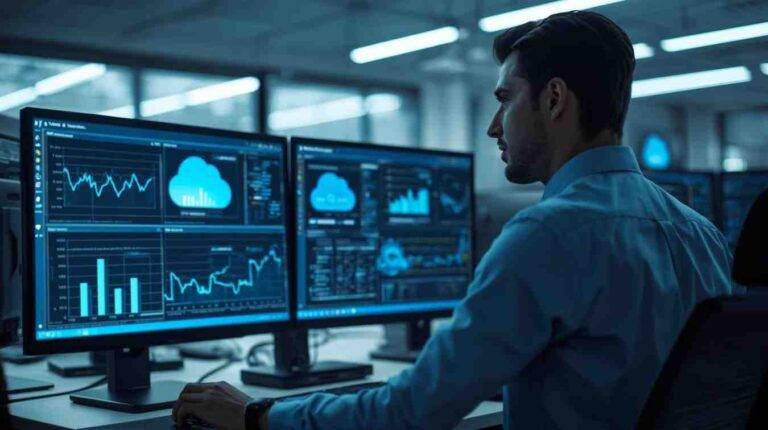 IT professional monitoring UltraTax Virtual Office CS cloud servers and uptime dashboards in a modern office, representing downtime prevention and system reliability.