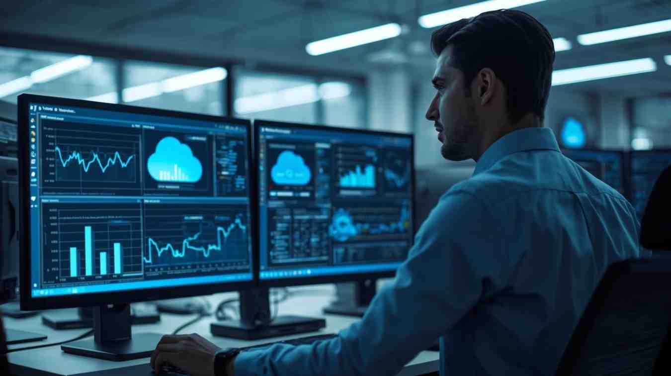 IT professional monitoring UltraTax Virtual Office CS cloud servers and uptime dashboards in a modern office, representing downtime prevention and system reliability.
