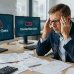 Frustrated accountant in a bright daytime office surrounded by tax forms and paperwork, staring at computer screens showing “Server Down” and “Connection Lost” errors, symbolizing the hidden costs of UltraTax Virtual Office CS downtime.