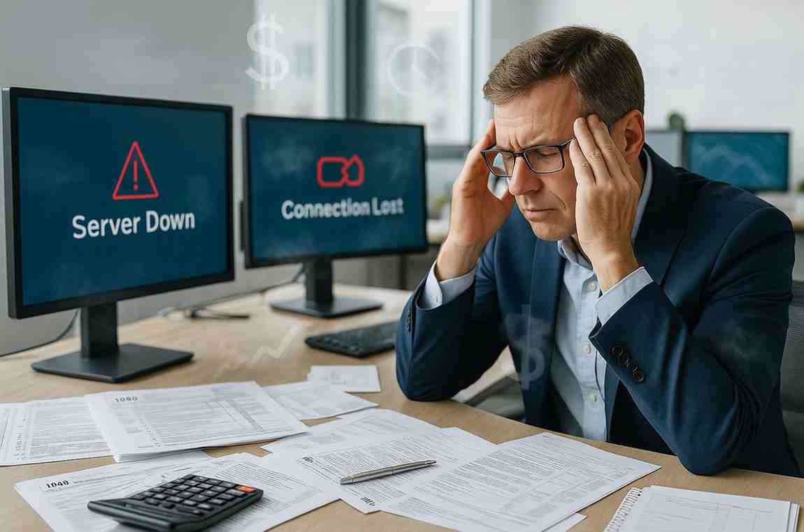 Frustrated accountant in a bright daytime office surrounded by tax forms and paperwork, staring at computer screens showing “Server Down” and “Connection Lost” errors, symbolizing the hidden costs of UltraTax Virtual Office CS downtime.