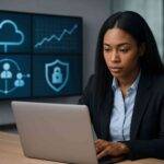 Professional woman working on a laptop with digital cloud and security icons behind her.