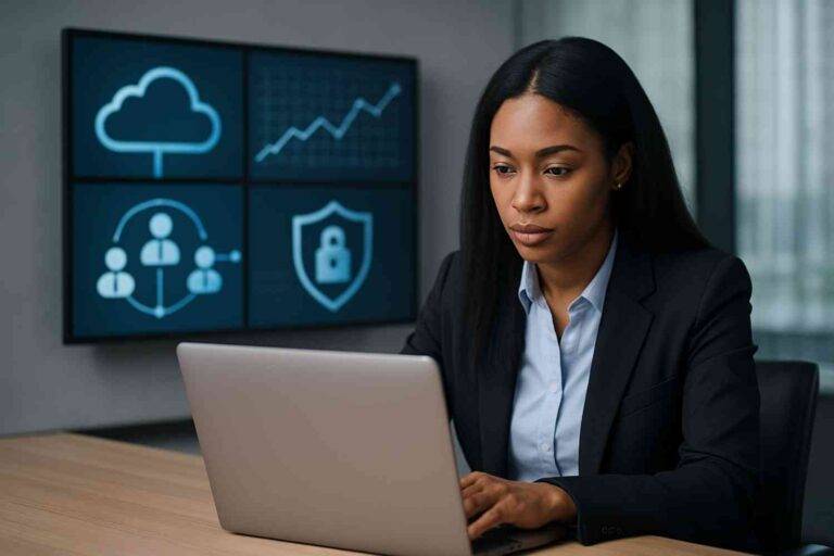 Professional woman working on a laptop with digital cloud and security icons behind her.