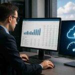A professional accountant working at a dual-monitor workstation, reviewing financial data on one screen while cloud performance graphics display on the other, representing cloud-hosted accounting software and performance optimization.