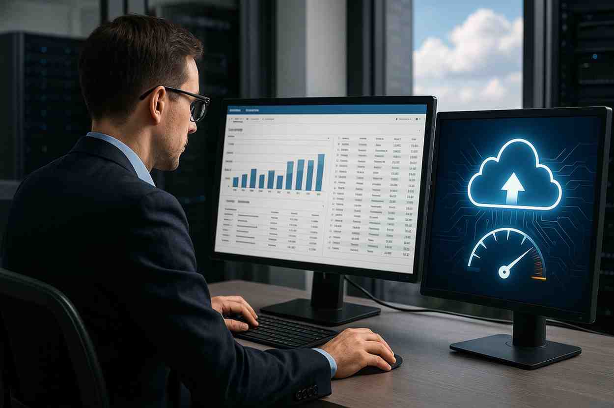 A professional accountant working at a dual-monitor workstation, reviewing financial data on one screen while cloud performance graphics display on the other, representing cloud-hosted accounting software and performance optimization.