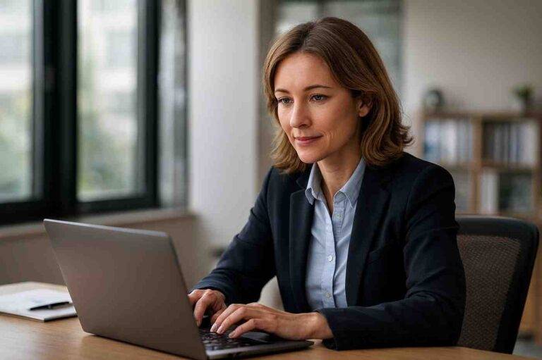 Accounting professional working remotely on a laptop in a modern office, representing cloud hosting and remote access technology for tax season.