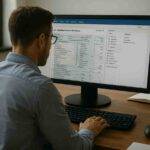 Professional accountant working at a desk on a computer displaying a U.S. tax return, surrounded by documents and office materials.