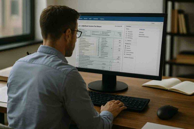 Professional accountant working at a desk on a computer displaying a U.S. tax return, surrounded by documents and office materials.