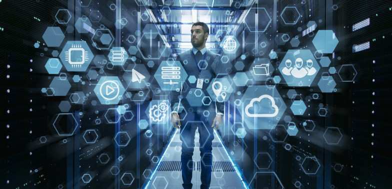 A professional man in a data center surrounded by digital cloud computing icons representing security, data storage, and technology integration for CPA firms.