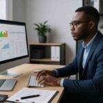 Accountant working on a desktop computer with financial dashboards in a modern office