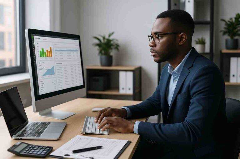 Accountant working on a desktop computer with financial dashboards in a modern office