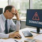 Frustrated accountant sitting at a desk in a modern office, staring at a computer screen showing a downtime warning, representing Thomson Reuters Virtual Office outage and CPA cloud hosting issues.