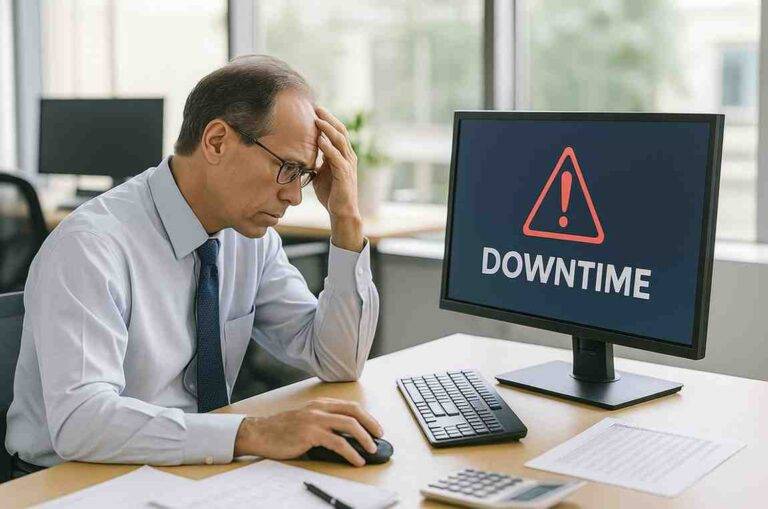Frustrated accountant sitting at a desk in a modern office, staring at a computer screen showing a downtime warning, representing Thomson Reuters Virtual Office outage and CPA cloud hosting issues.