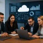 Business team analyzing cloud infrastructure and data on a laptop in a modern office.