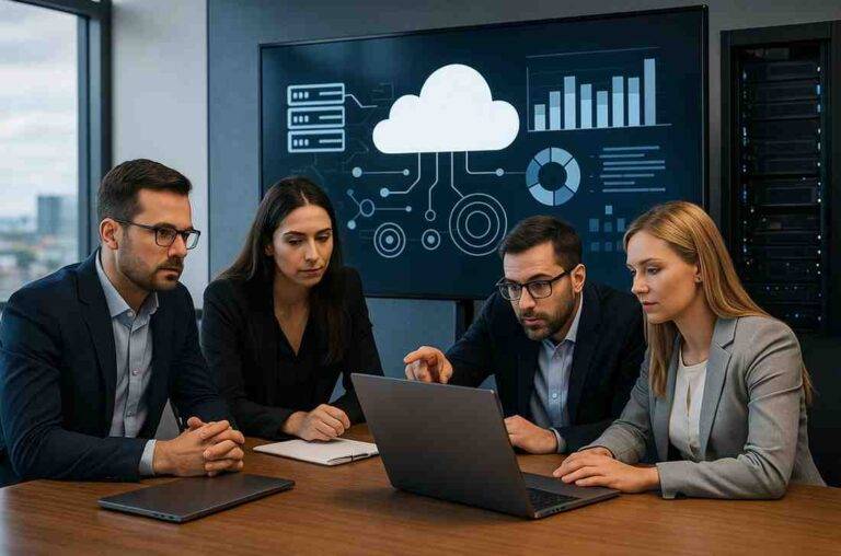 Business team analyzing cloud infrastructure and data on a laptop in a modern office.