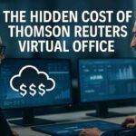 Two accounting professionals analyzing cloud cost data on monitors, symbolizing the hidden expenses of Thomson Reuters Virtual Office, with a digital cloud and dollar icons overlayed.