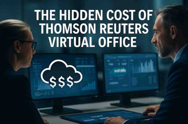 Two accounting professionals analyzing cloud cost data on monitors, symbolizing the hidden expenses of Thomson Reuters Virtual Office, with a digital cloud and dollar icons overlayed.