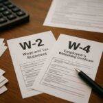 W-2 and W-4 tax forms side by side showing the difference between the two IRS documents.