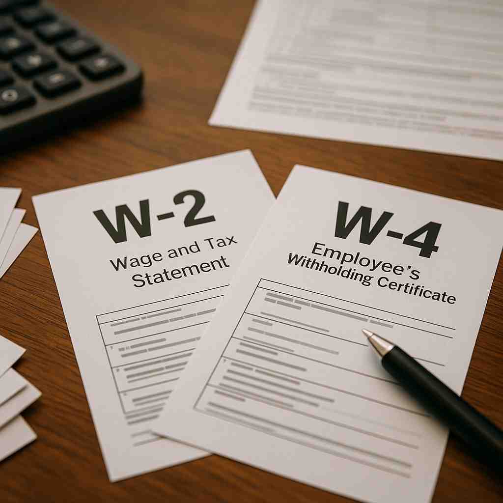 W-2 and W-4 tax forms side by side showing the difference between the two IRS documents.