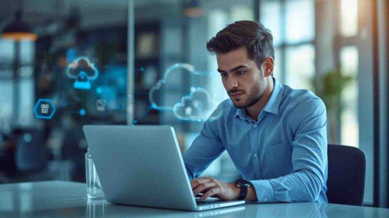 A focused man working on a laptop in a bright, modern office with sunlight streaming through large windows, representing productivity and secure cloud data management.