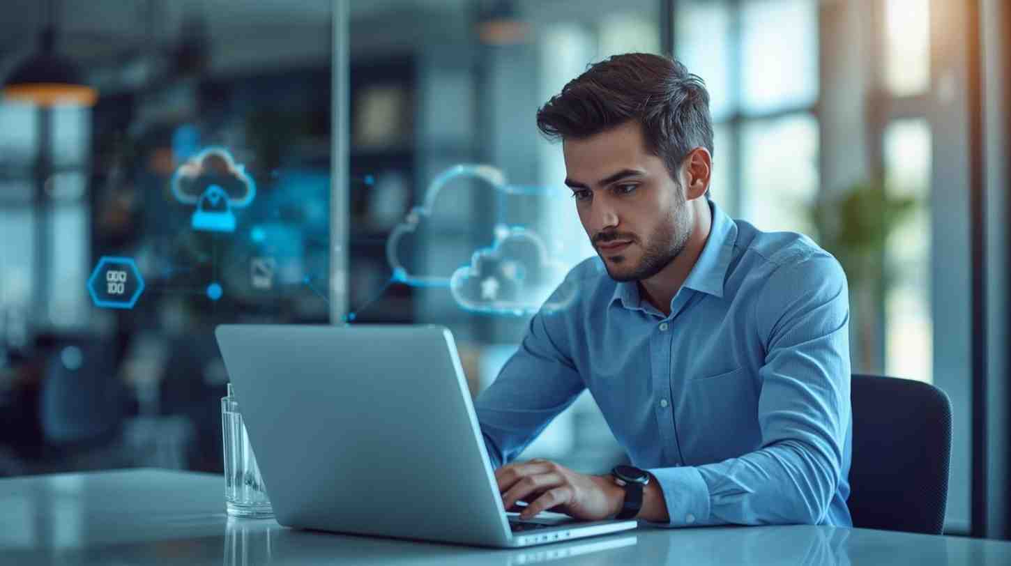 A focused man working on a laptop in a bright, modern office with sunlight streaming through large windows, representing productivity and secure cloud data management.