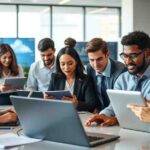 Accounting professionals collaborating in a modern office with cloud computing visuals, secure data servers, and IT specialists managing cloud systems — representing QuickBooks Cloud Hosting by OneUp Networks.
