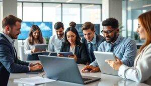 Accounting professionals collaborating in a modern office with cloud computing visuals, secure data servers, and IT specialists managing cloud systems — representing QuickBooks Cloud Hosting by OneUp Networks.