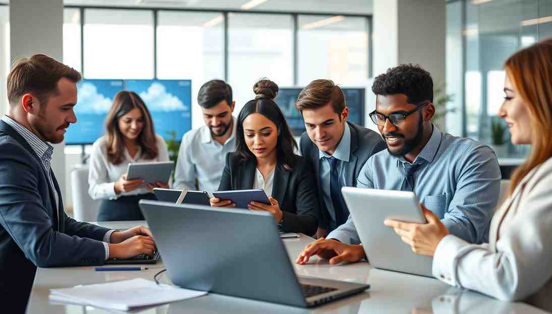 Accounting professionals collaborating in a modern office with cloud computing visuals, secure data servers, and IT specialists managing cloud systems — representing QuickBooks Cloud Hosting by OneUp Networks.
