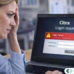 Frustrated woman facing a Citrix login failure screen on her laptop, representing slow Citrix login issues for accounting firms, with OneUp Networks branding.