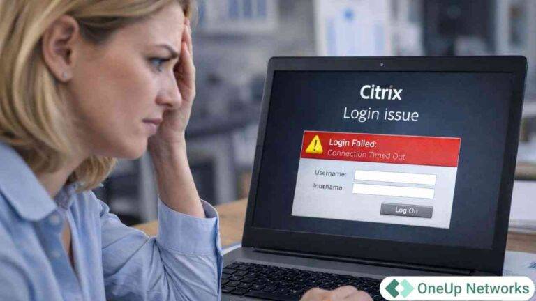 Frustrated woman facing a Citrix login failure screen on her laptop, representing slow Citrix login issues for accounting firms, with OneUp Networks branding.