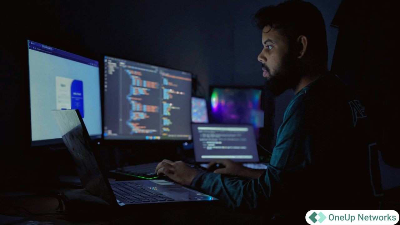 IT professional working on a secure cloud system at night with code overlays, illustrating how Citrix improves performance and eliminates RDP lag for hosting Accounting CS in CPA firms.