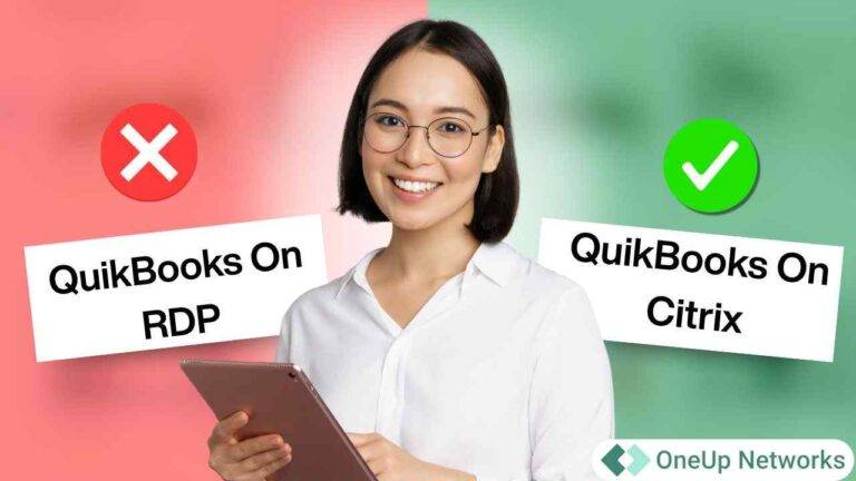 A smiling woman holding a tablet with a red “X” labeled ‘QuickBooks on RDP’ on the left and a green check mark labeled ‘QuickBooks on Citrix’ on the right, illustrating performance differences between RDP and Citrix.
