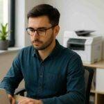 CPA working on a laptop in a modern office with a printer in the background, representing remote desktop printing issues and workflow challenges.