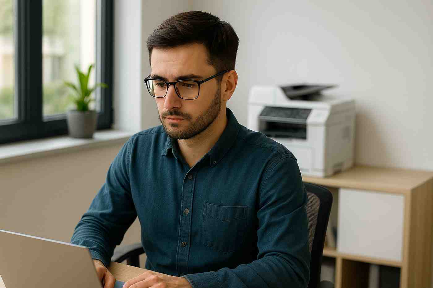 CPA working on a laptop in a modern office with a printer in the background, representing remote desktop printing issues and workflow challenges.