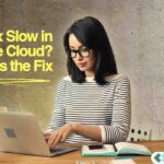 A woman working on a laptop at a desk with a notebook and coffee mug, with text reading “UltraTax Slow in the Cloud? Citrix Is the Fix,” representing cloud performance improvement for CPA firms.