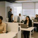 A focused accountant wearing a suit works on a laptop at a tidy office desk, with financial documents, folders, and a plant in the background, conveying a professional tax-preparation environment.
