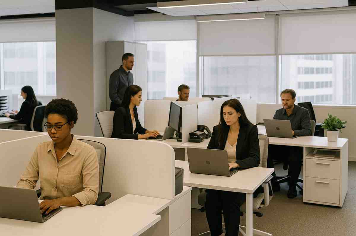 A focused accountant wearing a suit works on a laptop at a tidy office desk, with financial documents, folders, and a plant in the background, conveying a professional tax-preparation environment.