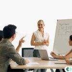 Accounting team discussing cloud hosting cost audit results during a meeting, with a presenter explaining line-items on a whiteboard.