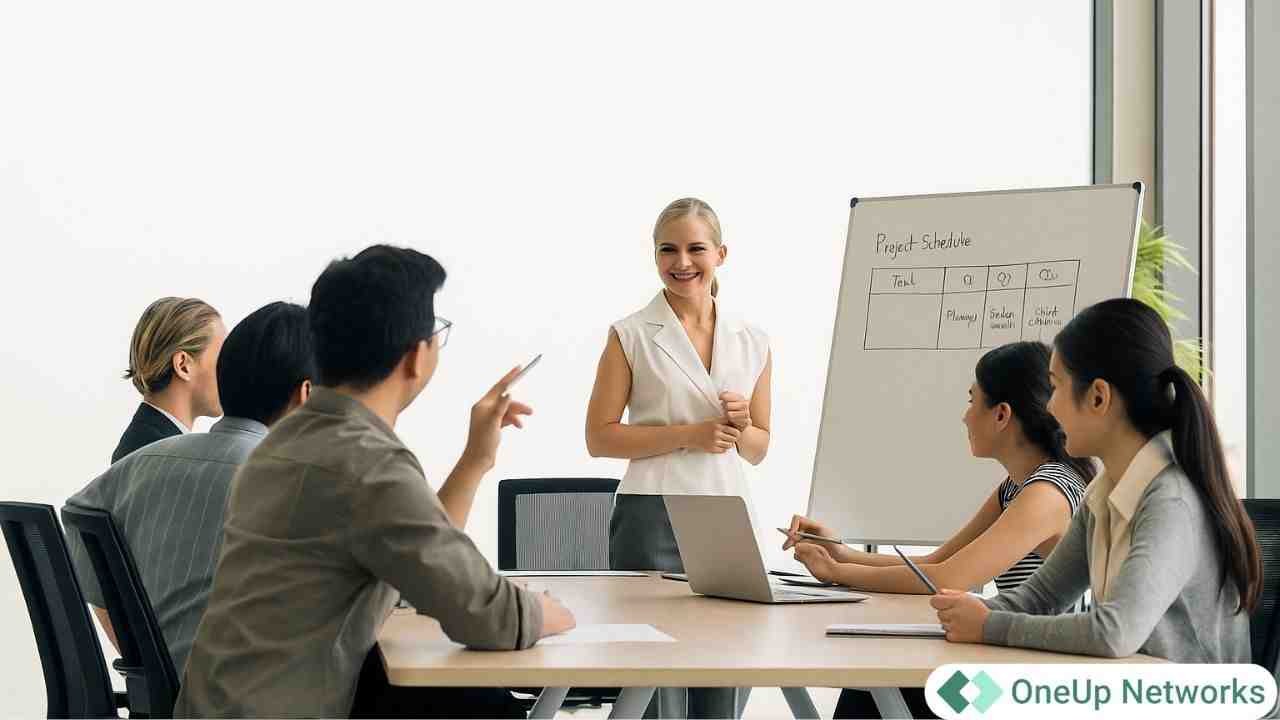 Accounting team discussing cloud hosting cost audit results during a meeting, with a presenter explaining line-items on a whiteboard.