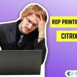 A frustrated man sitting at a laptop with his hand on his head, representing RDP printing problems, alongside bold text that says “RDP Printing Broken? Citrix Fixes It.”