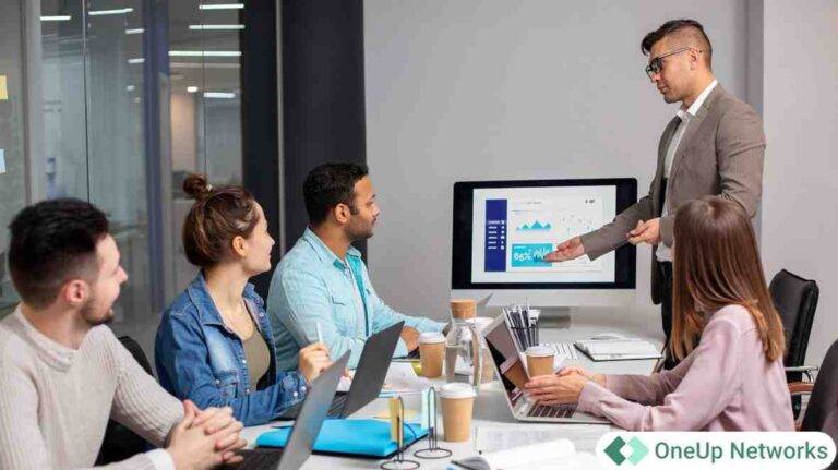 team meeting to review virtual desktop performance and remote access