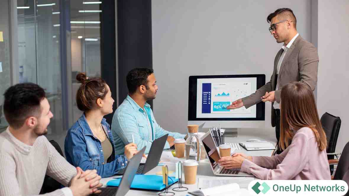 team meeting to review virtual desktop performance and remote access