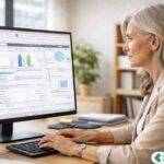 Mature accountant working on desktop computer in a modern office with OneUp Networks logo displayed